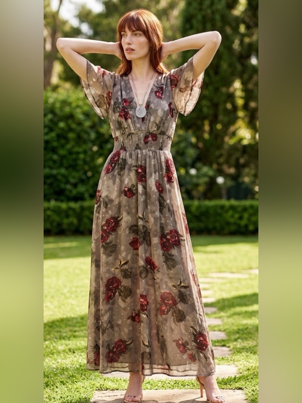 Baltic Born Olive Floral Maxi Dress with Red Rose Print large * cut tag - Picture 2 of 12